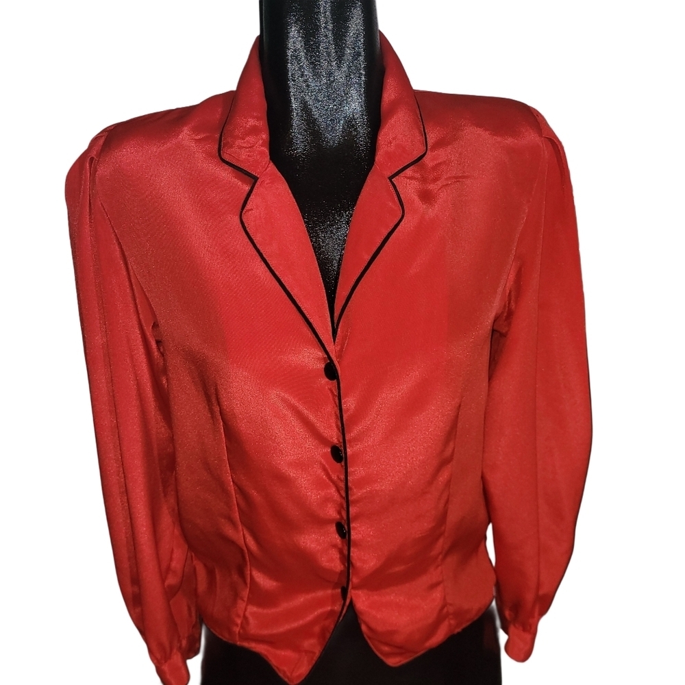 Vintage 80's Red Button Up Blouse With Collar And Black Trim Size M